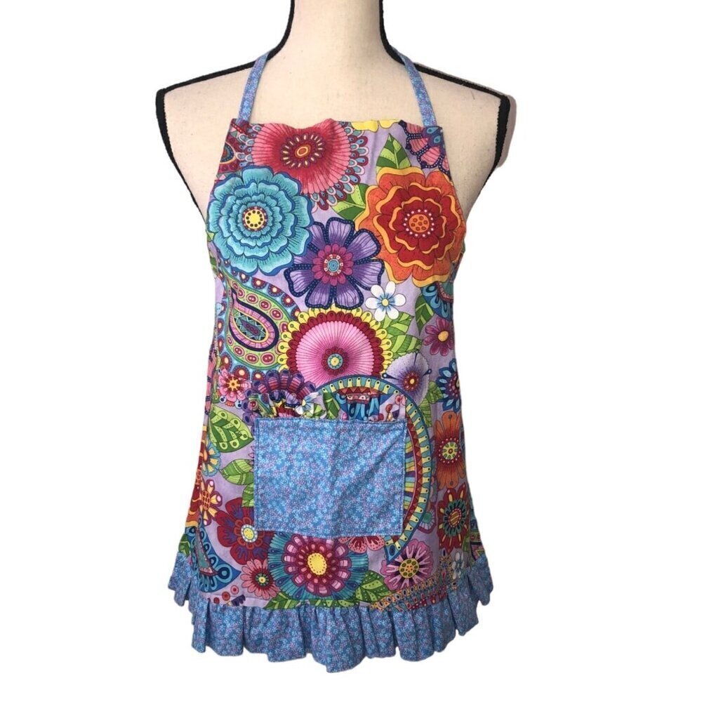 Full Apron Girls Handmade Ruffle Pocket Whimsical Floral Print Multicolor Ties